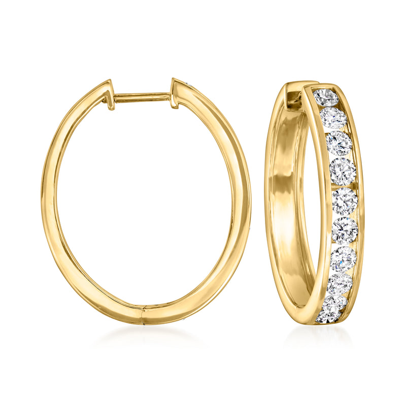 14kt yellow gold hoop earrings with channel-set lab-grown diamonds, oval hoop profile