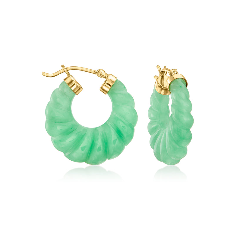 Carved jade huggie hoop earrings, 18kt gold over sterling, light green textured hoops