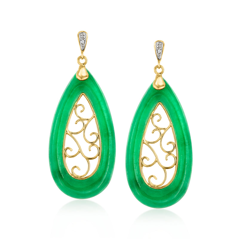 Gold drop earrings with green teardrop jade and small diamond accents at the top