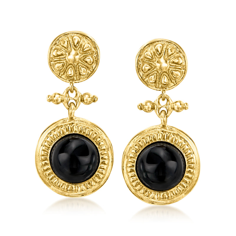 Gold-tone drop earrings with floral textured caps and round black onyx center stones