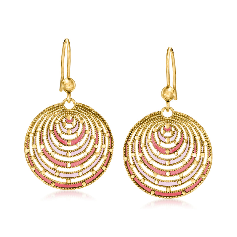 Gold-tone drop earrings with pink and red enamel fan pattern and earwire