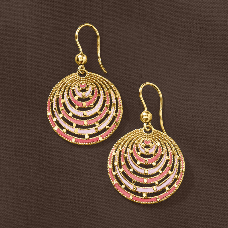 Gold-tone round drop earrings with pink/red enamel fan design and textured border, earwire