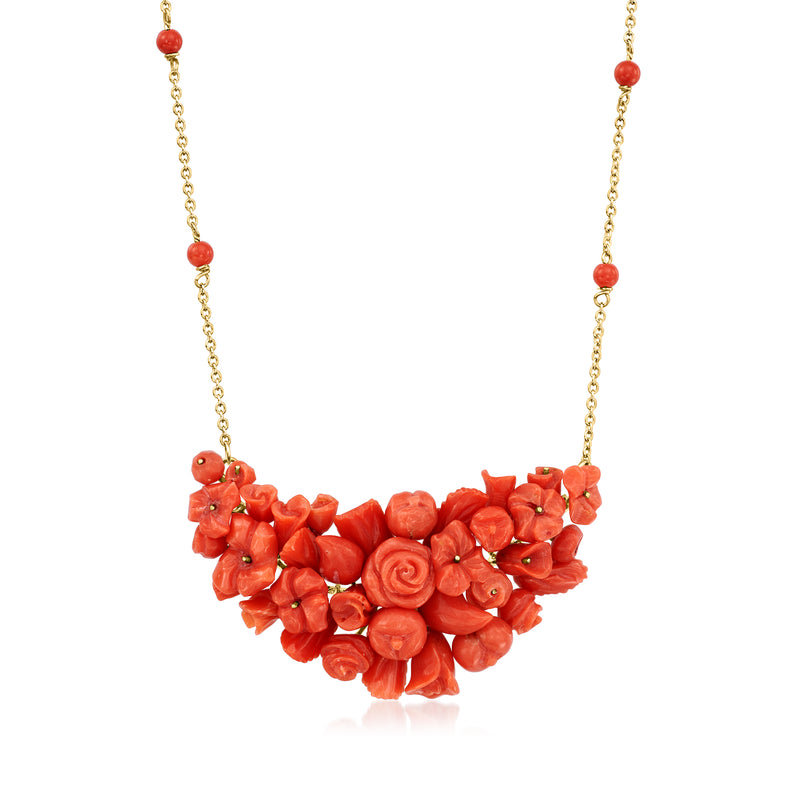 Red coral flower bib necklace with 14kt yellow gold chain and bead drops