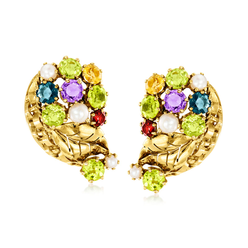 18kt yellow gold flower stud earrings with cultured pearls and multicolor gemstones