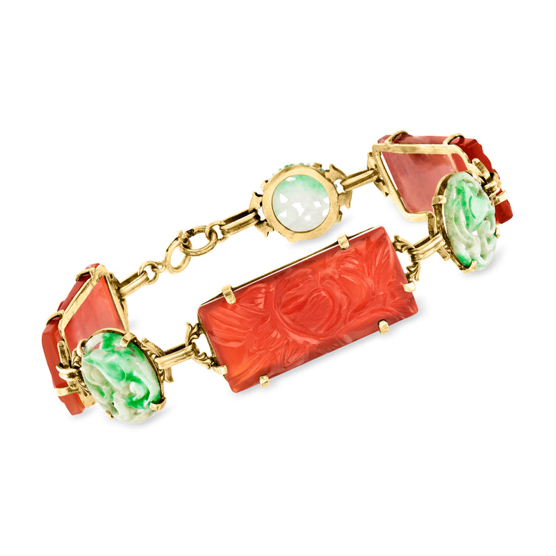 Vintage 14kt yellow gold station bracelet with red carved carnelian and green cabochons