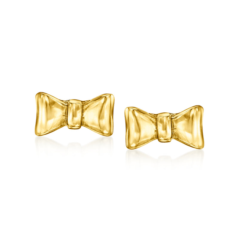 10kt yellow gold bow stud earrings, polished ribbon-style bow