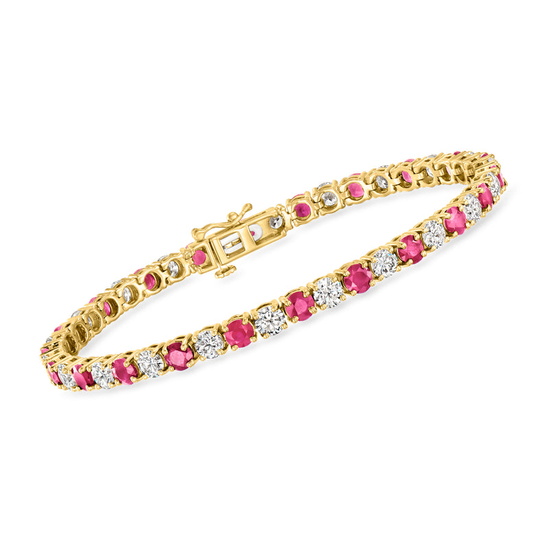 14kt yellow gold tennis bracelet with pink ruby stations and white diamond accents