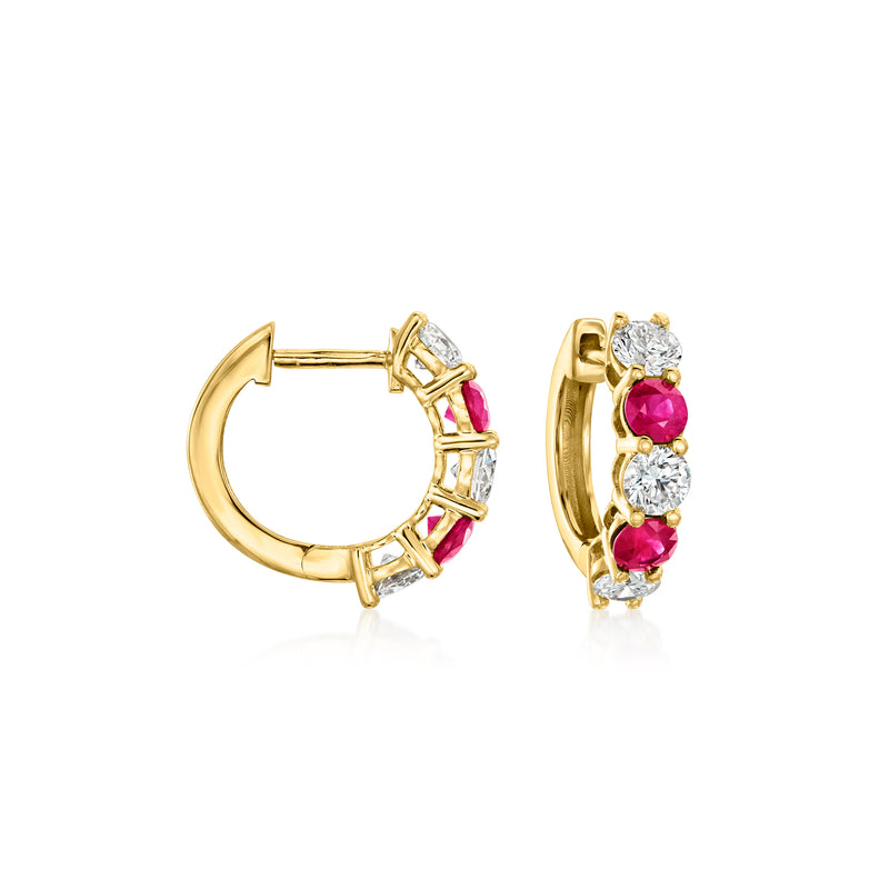 14kt yellow gold hoop earrings with ruby and clear diamond accents