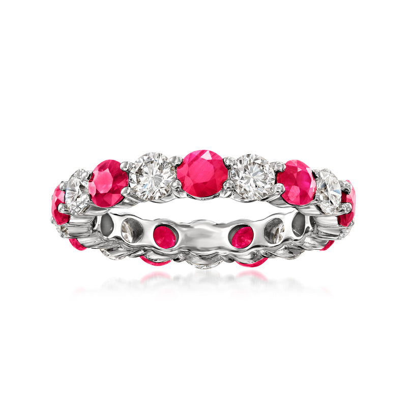 14kt white gold eternity band with round rubies and clear diamonds, prong-set.