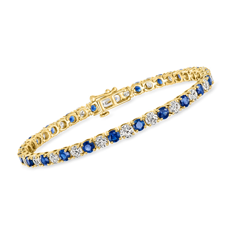 14kt yellow gold tennis bracelet with blue sapphire and white diamond rows