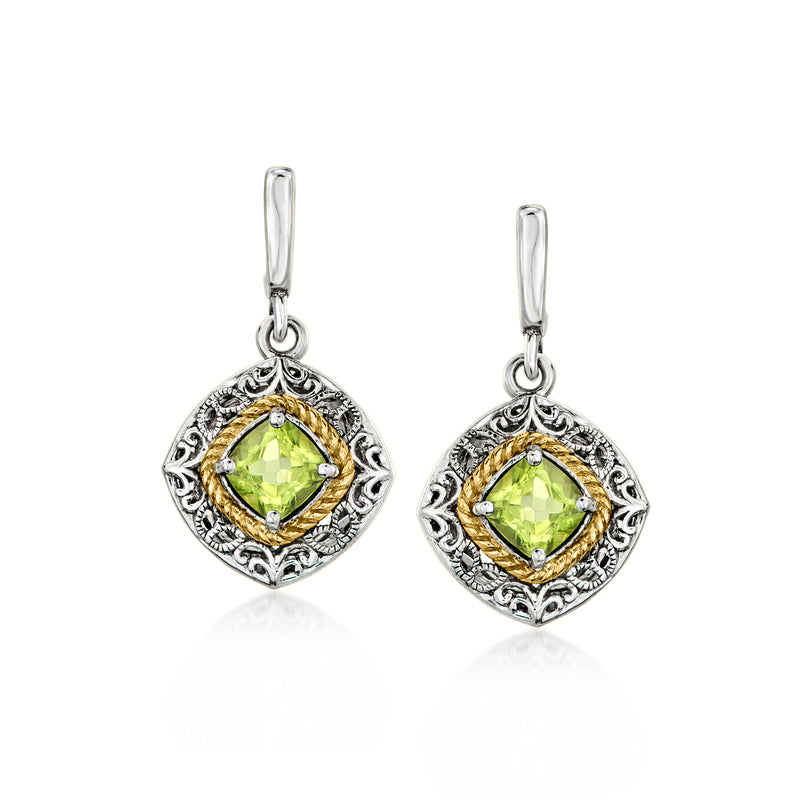 Sterling silver drop earrings with green peridot center and yellow gold accent halo
