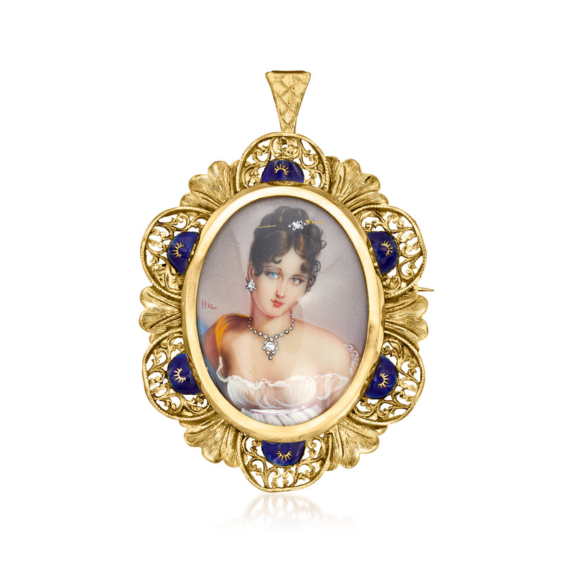 18kt yellow gold oval portrait pin with blue enamel accents and diamond-like details