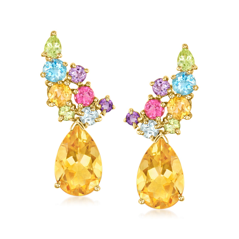 14kt yellow gold drop earrings with pear-shaped citrine and multicolor gemstone clusters