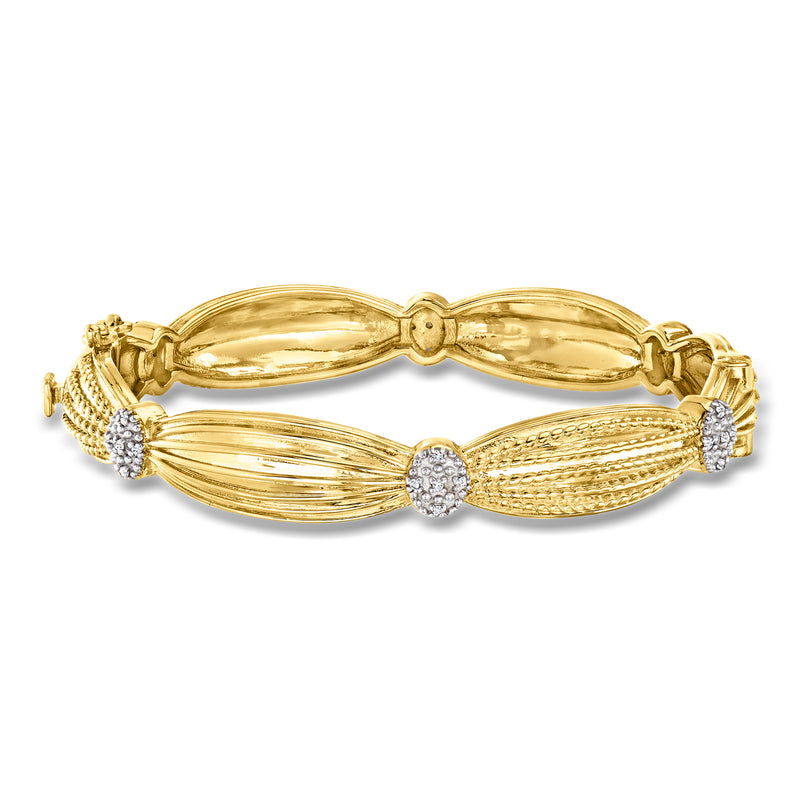 Gold ruffle-station bangle bracelet with round diamond accents and hinged clasp