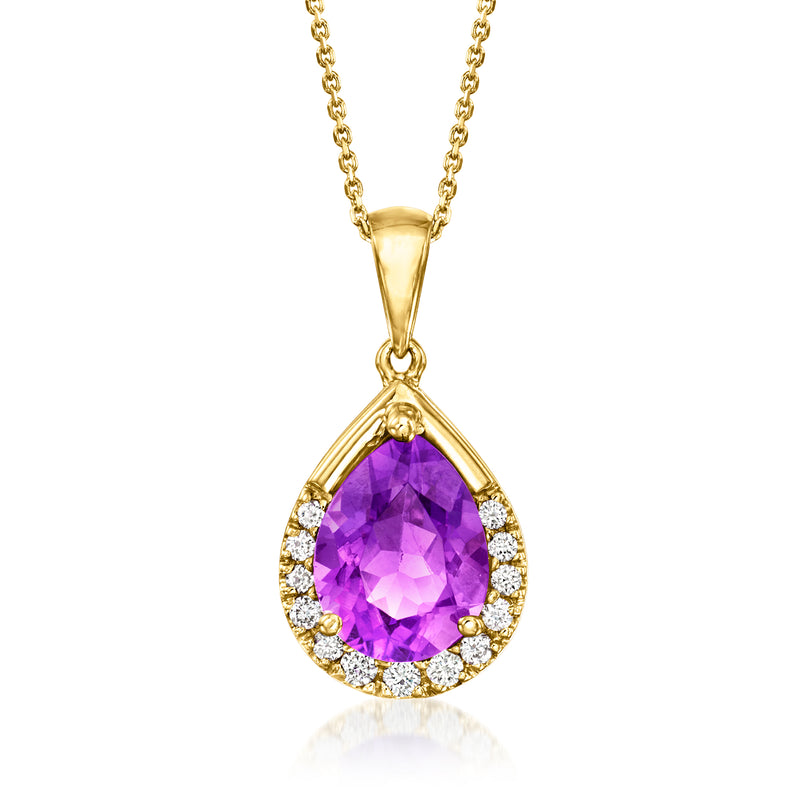 14kt yellow gold teardrop amethyst pendant necklace with diamond halo and chain