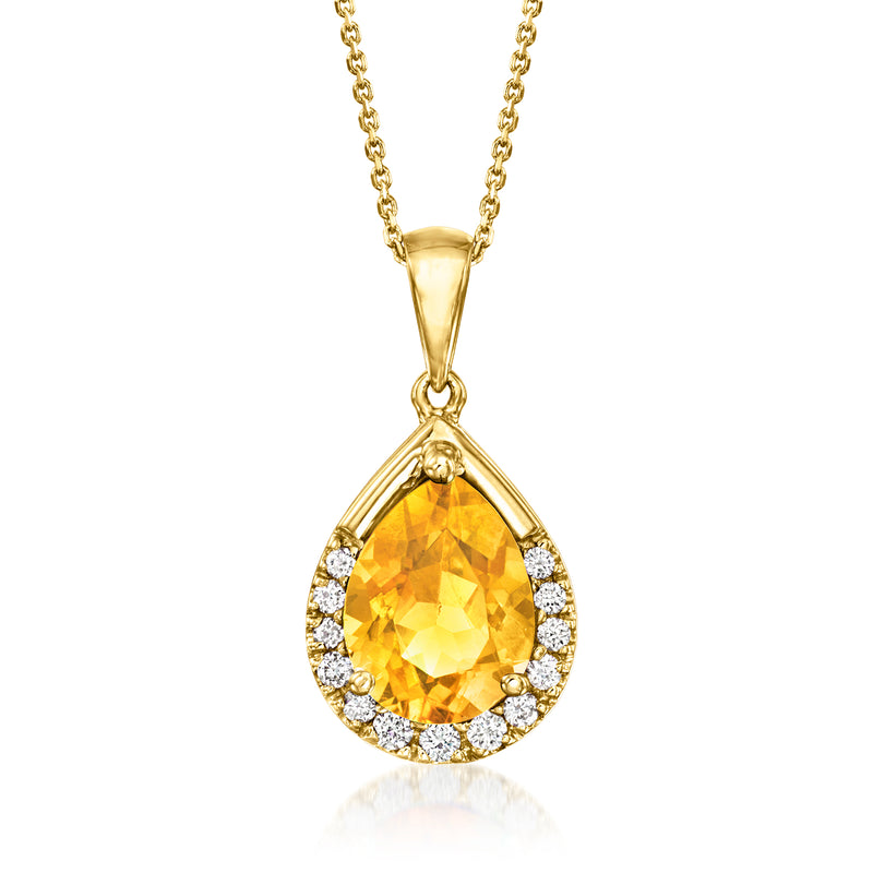 14kt yellow gold citrine pear-shaped pendant with diamond halo and bail on chain