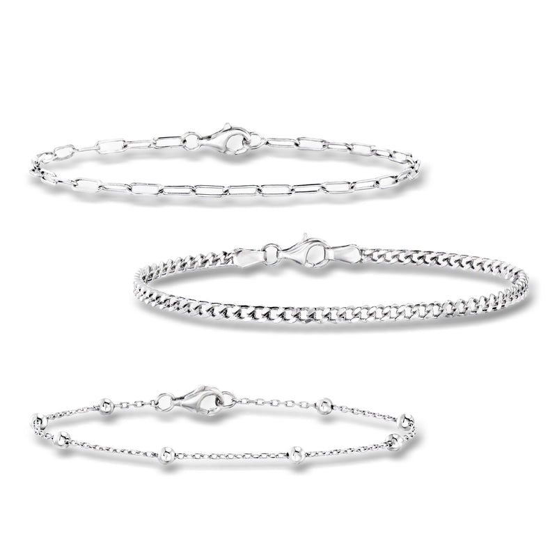 Sterling silver bracelet set with curb-link, paperclip, and bead-chain styles