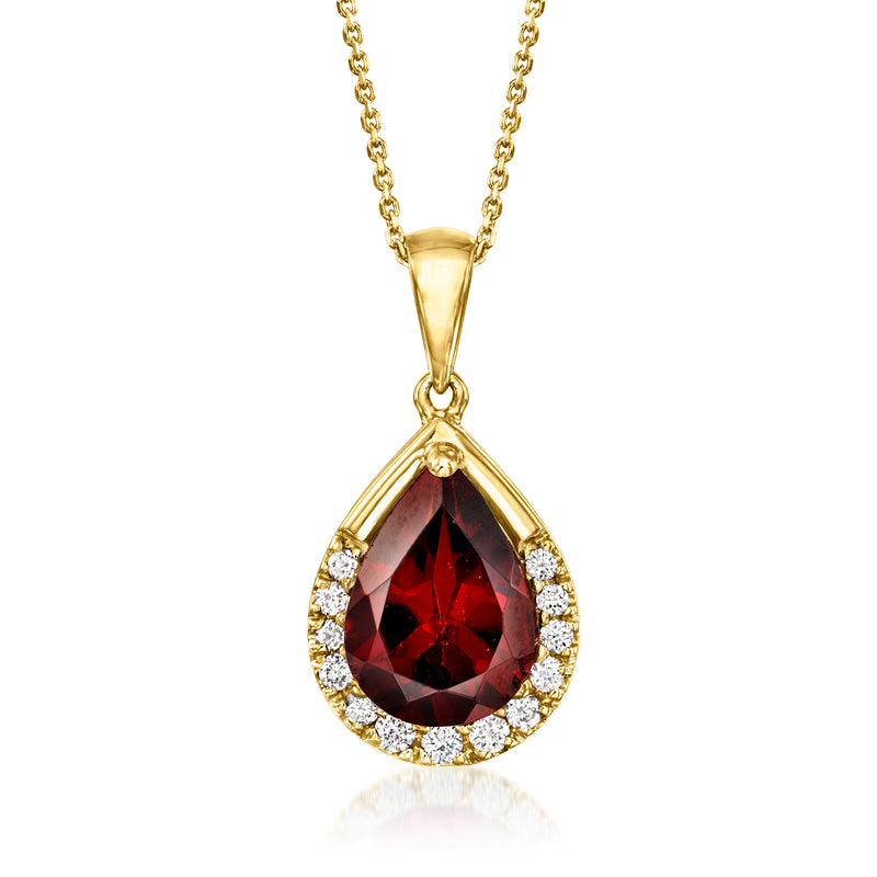 14kt yellow gold teardrop garnet pendant with diamond halo and link chain