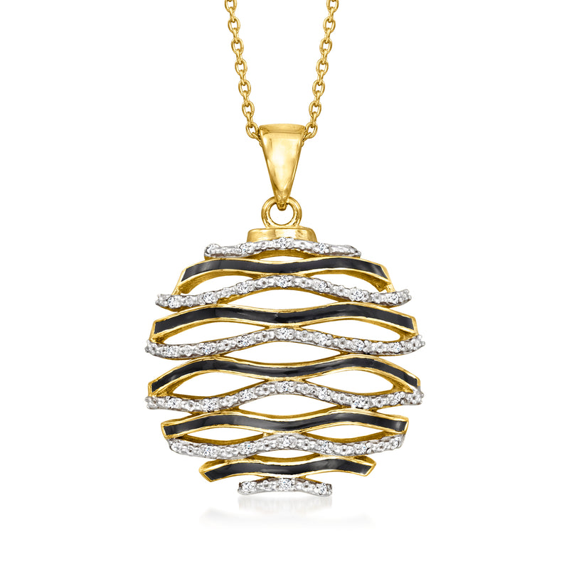 Wavy gold pendant necklace with black enamel and diamond accents, on a chain