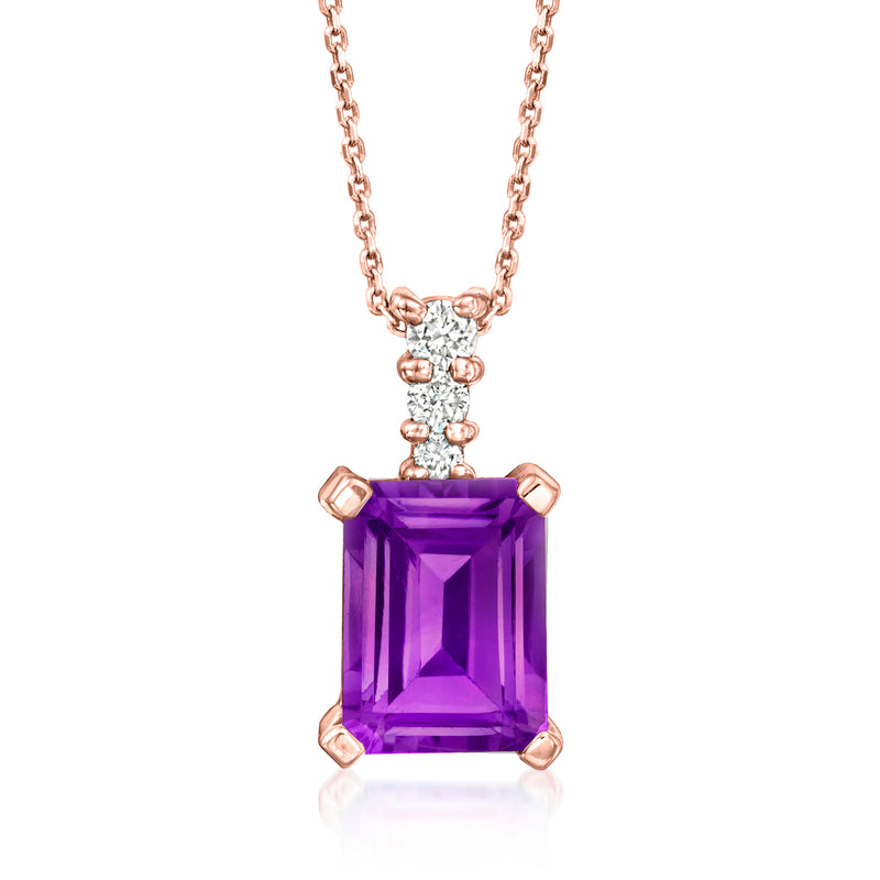 Rose gold amethyst pendant necklace with rectangular-cut amethyst and small diamond accents