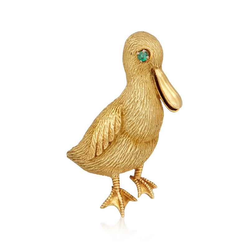 Vintage 18k yellow gold duck lapel pin with single emerald eye