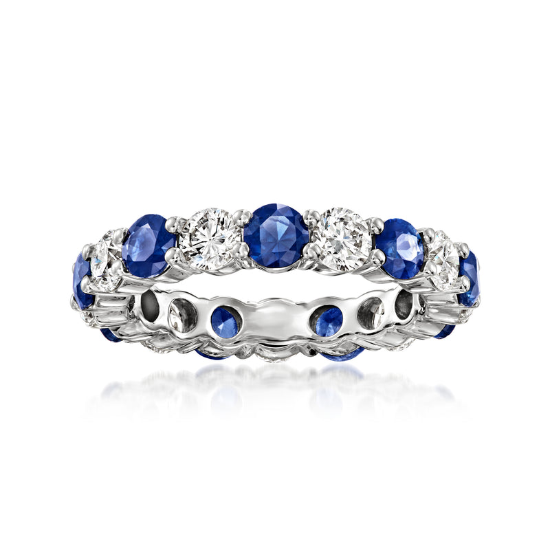 14kt white gold eternity band with blue sapphires and round white diamonds