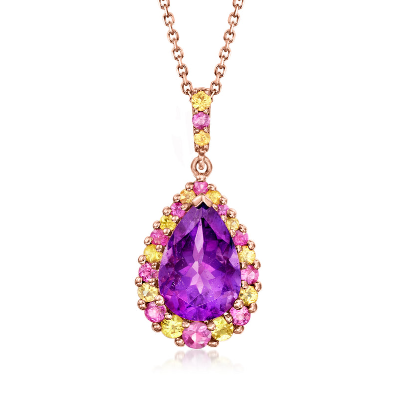 14kt rose gold pendant necklace with teardrop amethyst and multicolored sapphire halo
