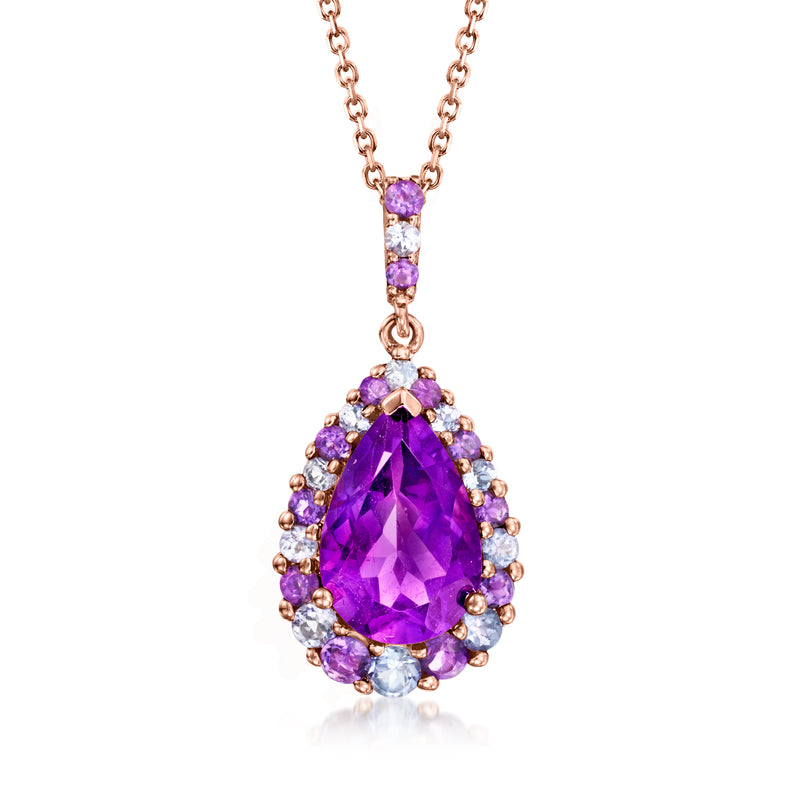 14kt rose gold pendant necklace with teardrop purple amethyst and gemstone halo