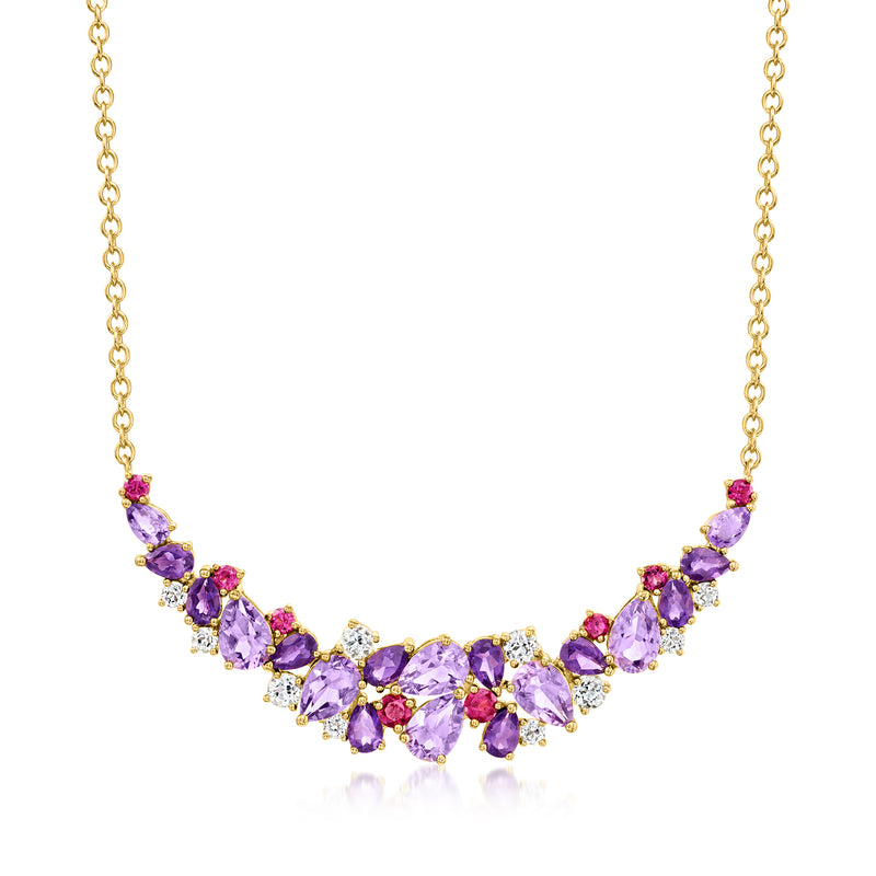 Gemstone collar necklace with gold chain, oval purple stones, and small clear accents
