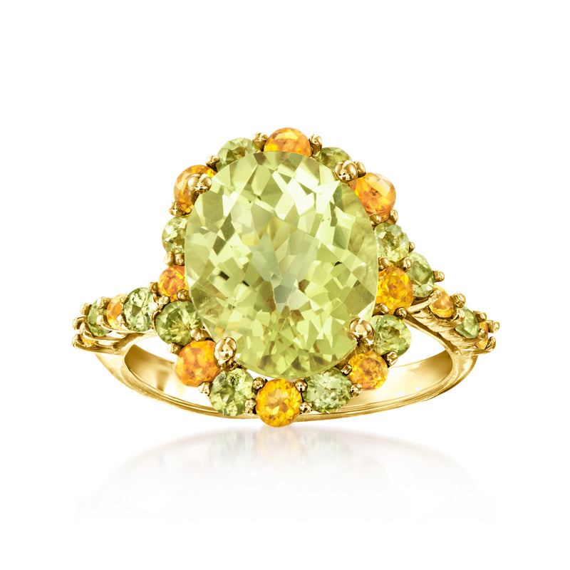 14kt yellow gold ring with oval lemon quartz center and peridot and citrine accents