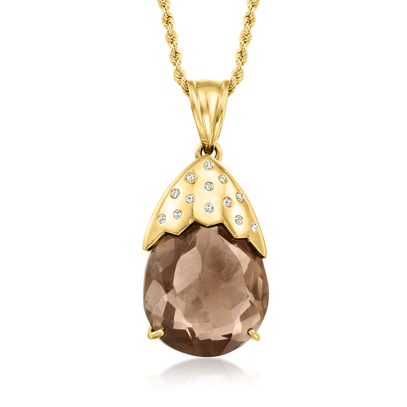 18kt yellow gold necklace with smoky quartz teardrop pendant and diamond halo accents