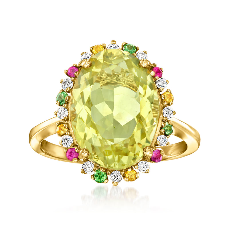 14kt yellow gold ring with large oval lemon quartz center, multicolor sapphire halo, diamonds