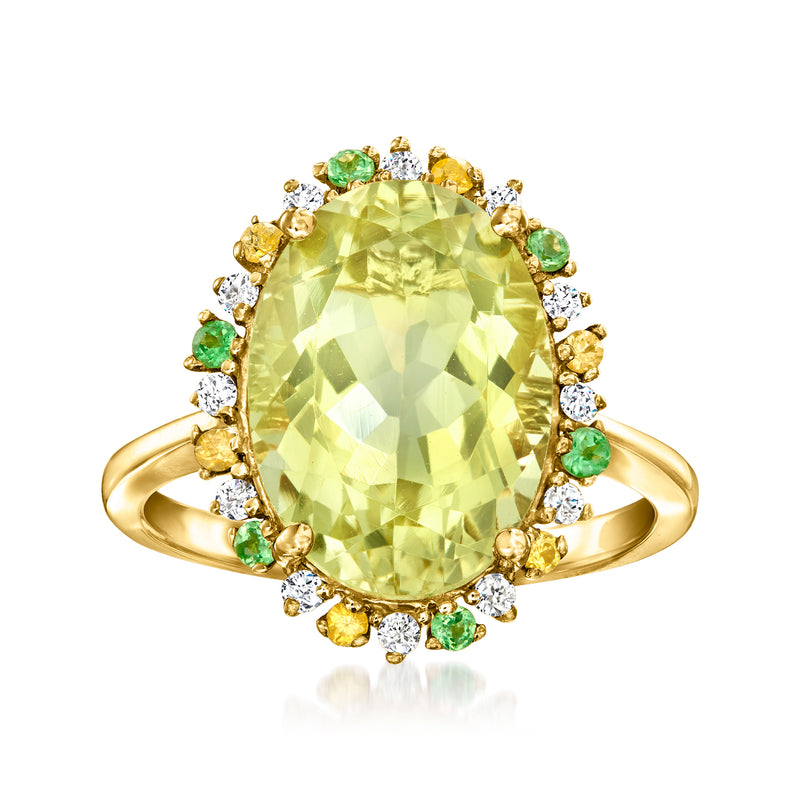 Oval lemon quartz center ring in 14kt yellow gold with green accents and diamond halo