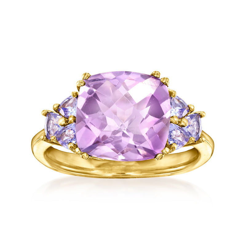 14kt yellow gold ring with oval amethyst center and blue tanzanite accents, prong-set