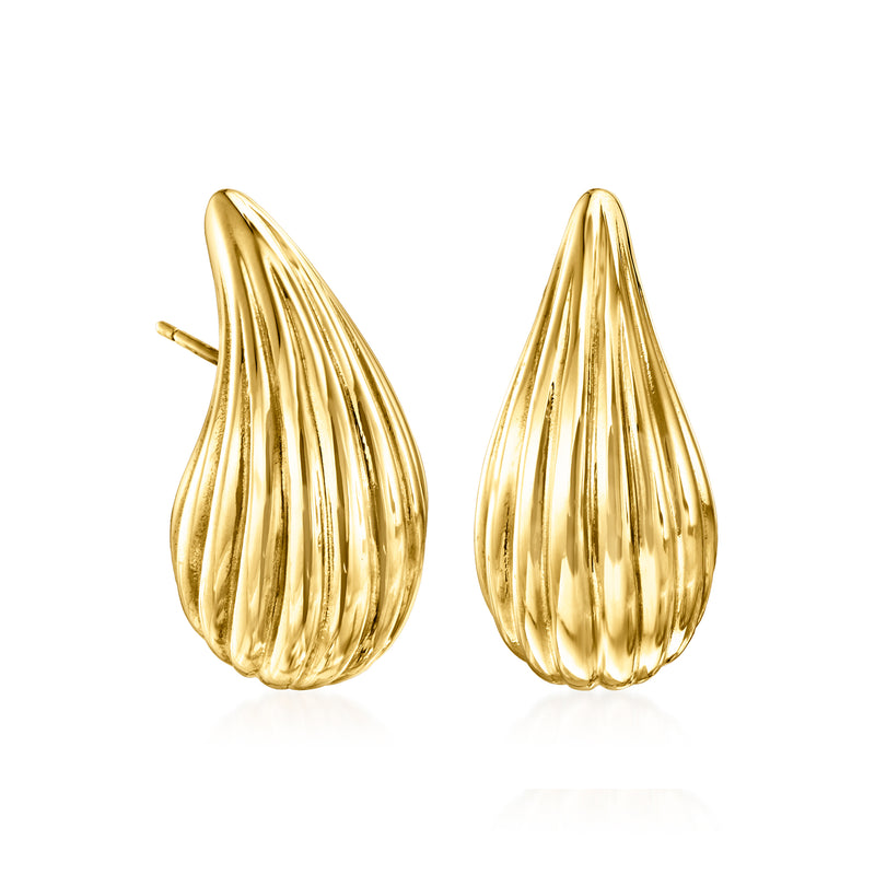 18kt yellow gold fluted teardrop drop earrings, polished, hook backs