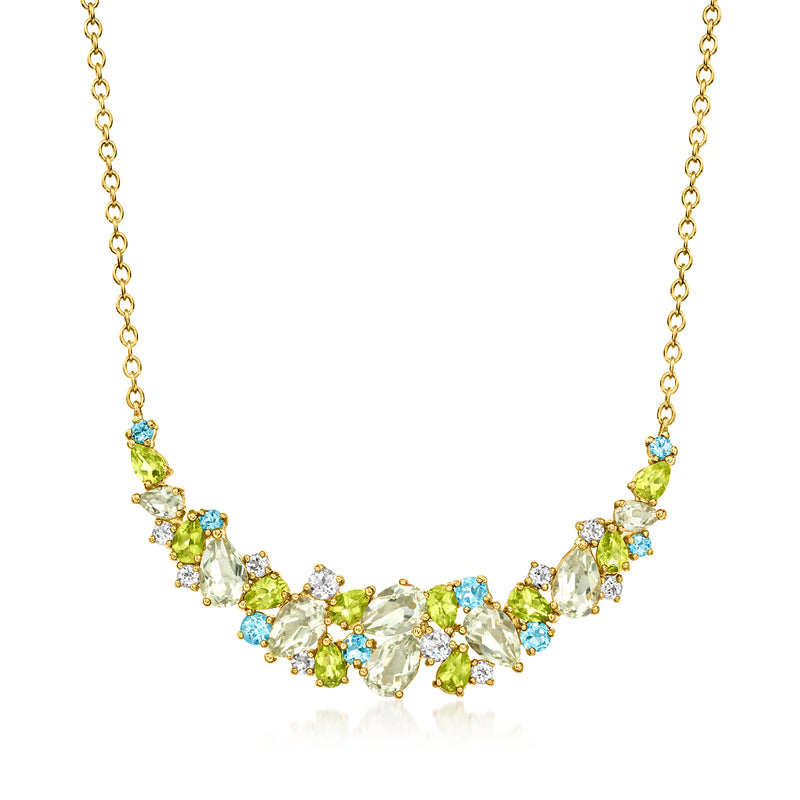 Gold collar necklace with multicolor gemstones and delicate curb chain