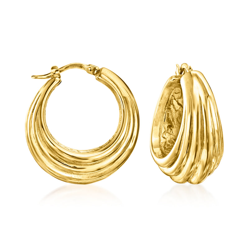 14kt yellow gold fluted hoop earrings, ridged triple-loop design