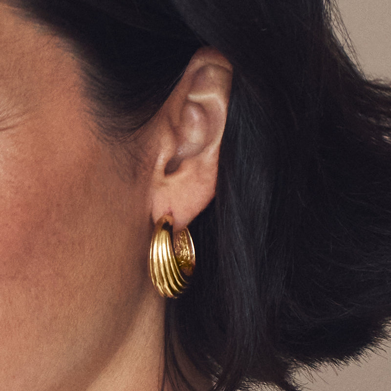 Ridged fluted 14kt yellow gold hoop earring, triple stacked hoops
