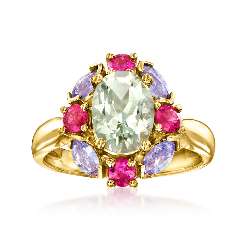 14kt yellow gold ring with oval prasiolite and pink ruby & blue tanzanite accents