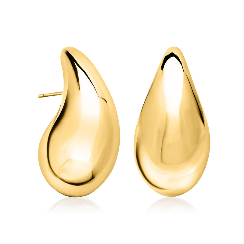 Extra-large teardrop yellow gold drop earrings, glossy polished curved surface