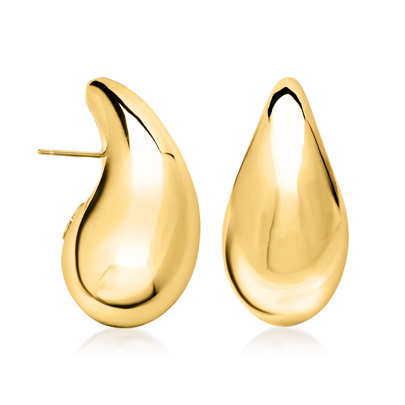 Teardrop yellow gold drop earrings with visible stud post and glossy finish