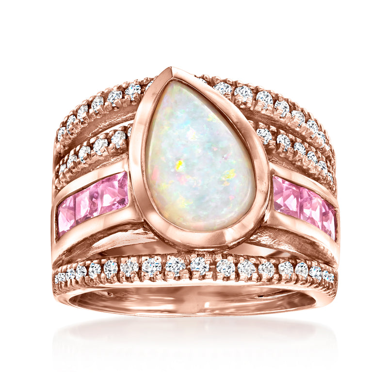 Rose gold multi-row ring with teardrop opal, pink sapphires, and diamonds