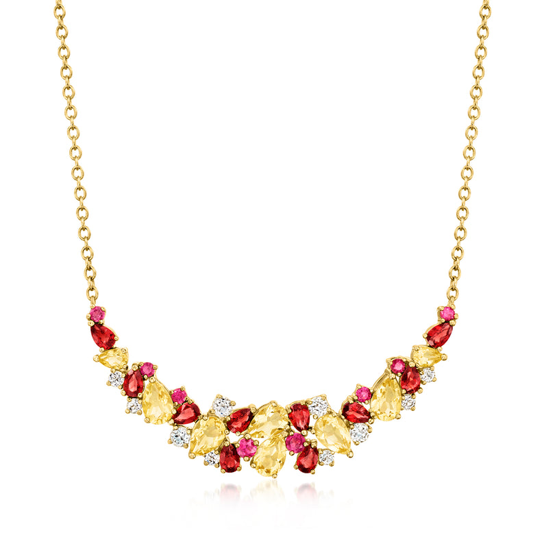 Gold over sterling multi-gemstone collar necklace with red, pink, and yellow stones