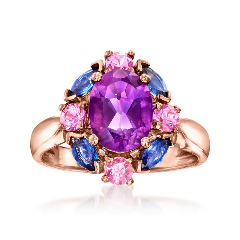 Amethyst and sapphire ring in 14kt rose gold with oval purple center and pink/blue stones