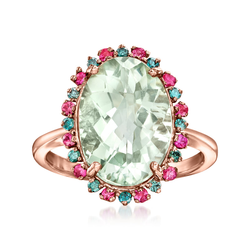 Oval prasiolite center ring in 14kt rose gold with pink and blue gemstones