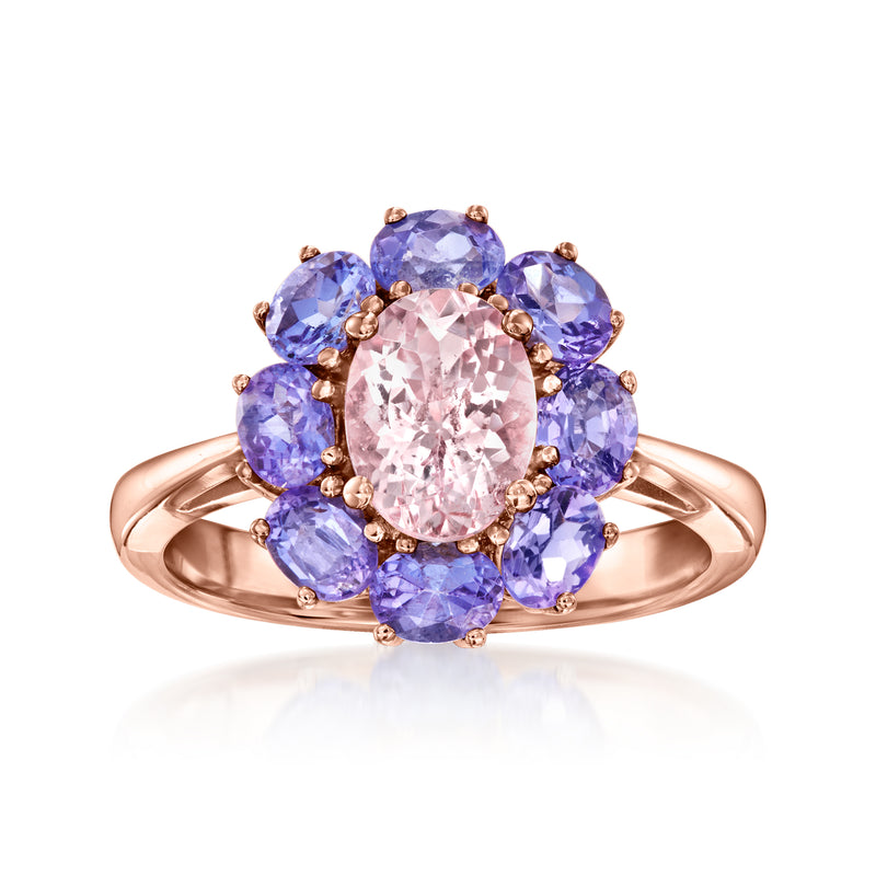 14kt rose gold ring with oval pink center stone and oval blue side stones