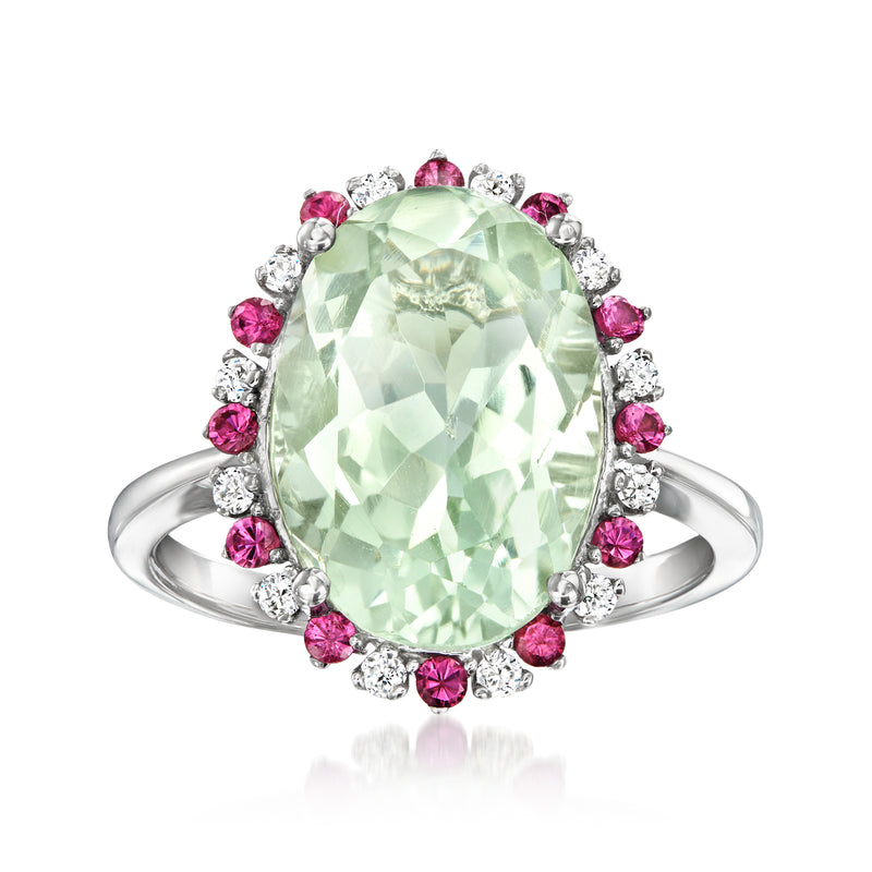 Oval light-green prasiolite ring in 14kt white gold with pink and diamond halo