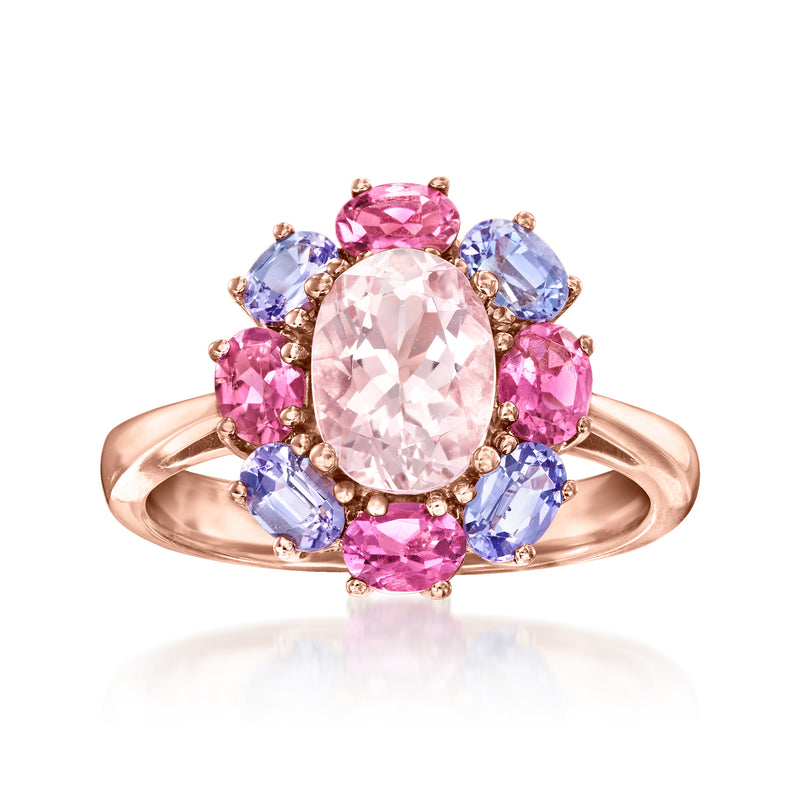 14kt rose gold ring with oval morganite and pink tourmaline, blue tanzanite