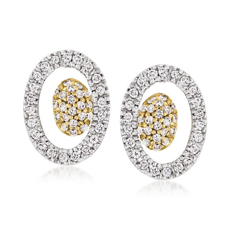 Two-tone gold oval diamond halo stud earrings with yellow oval center, post back