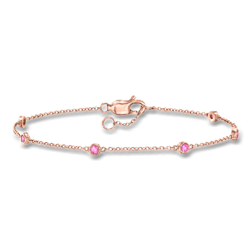 14kt rose gold station bracelet with pink sapphire bead stations and lobster clasp